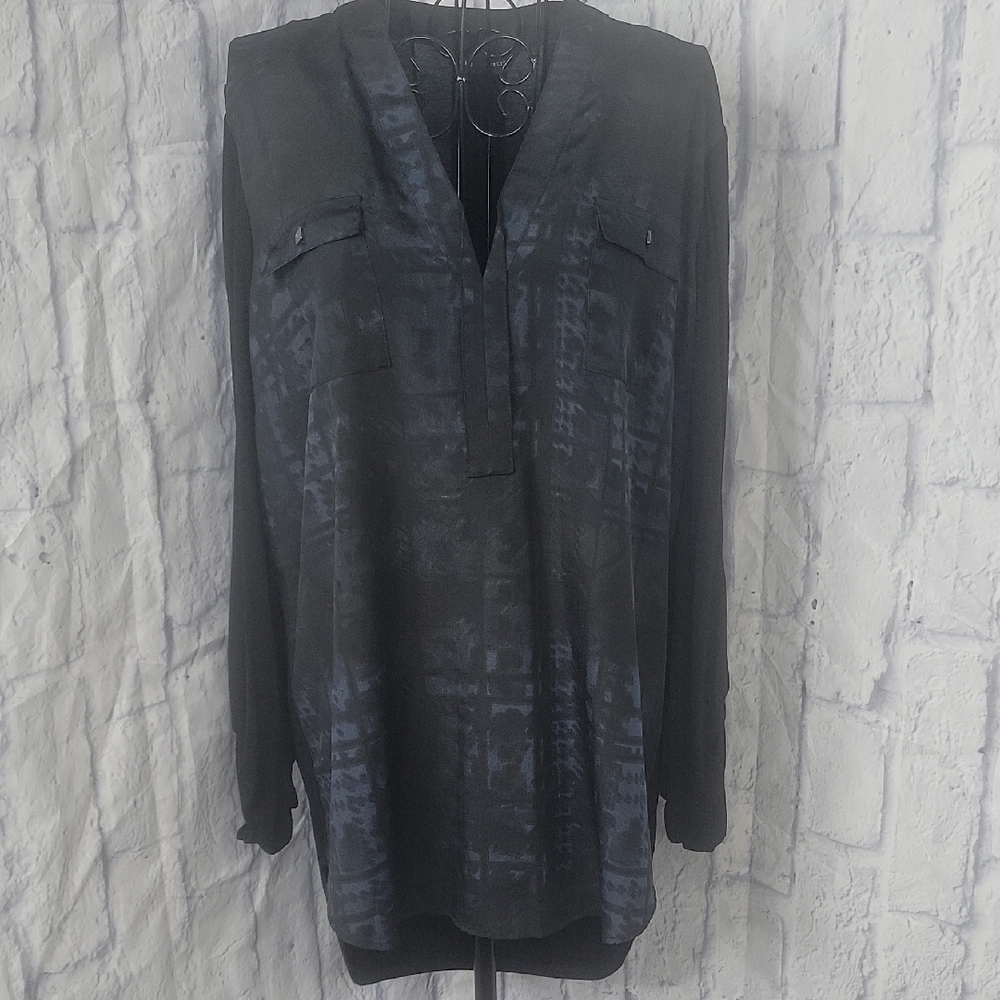 Rock & Republic Black Tunic Blouse Large Tie Dye Long Sleeve Hi Low